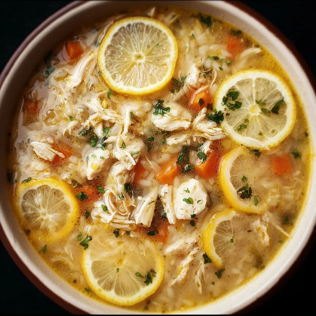 Bowl of Greek Lemon Chicken Soup garnished with herbs and lemon slices