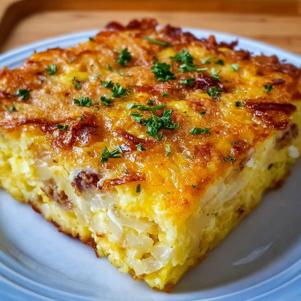 Delicious hash brown egg casserole baked to perfection.