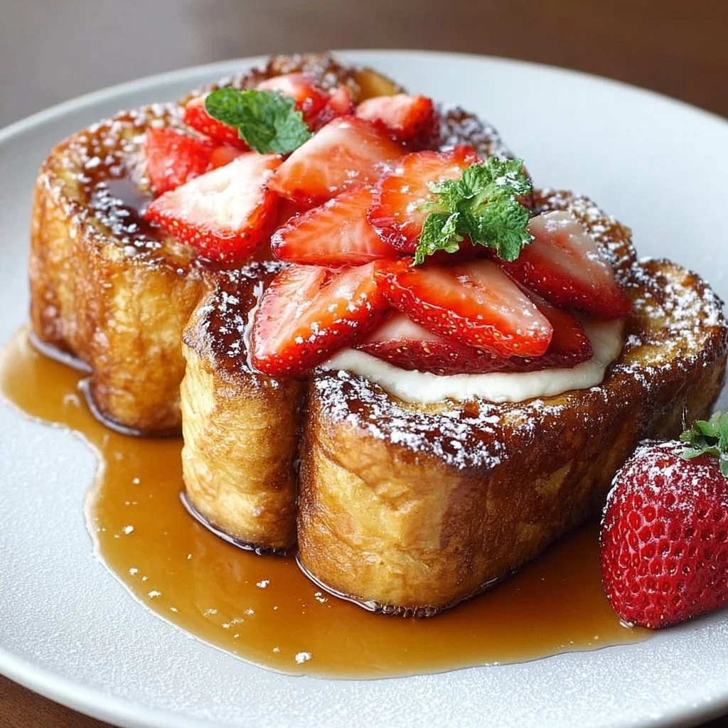 Hawaiian Roll French Toast topped with syrup and fruit, a delicious breakfast dish