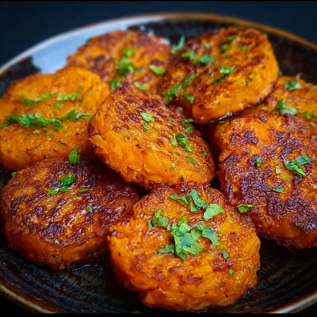 Healthy sweet potato hash browns served on a plate with garnishes.