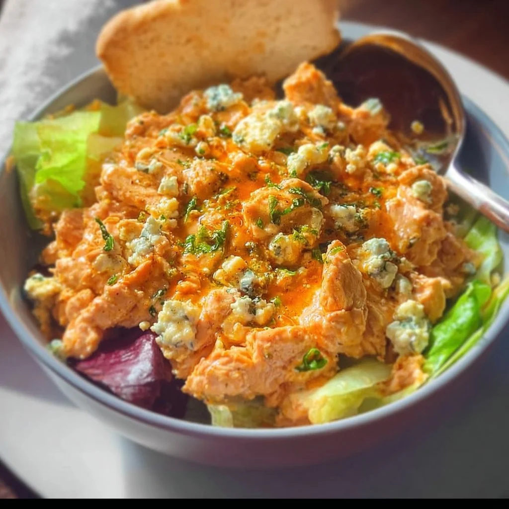 High-protein buffalo chicken salad with fresh greens and spicy chicken