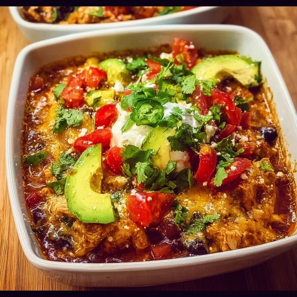High-protein chicken enchilada bowl with cottage cheese and vibrant toppings