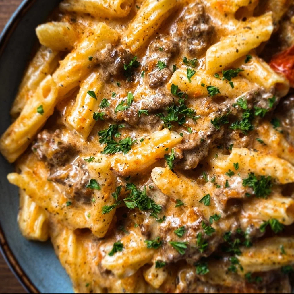 Delicious high protein creamy beef pasta served in a bowl