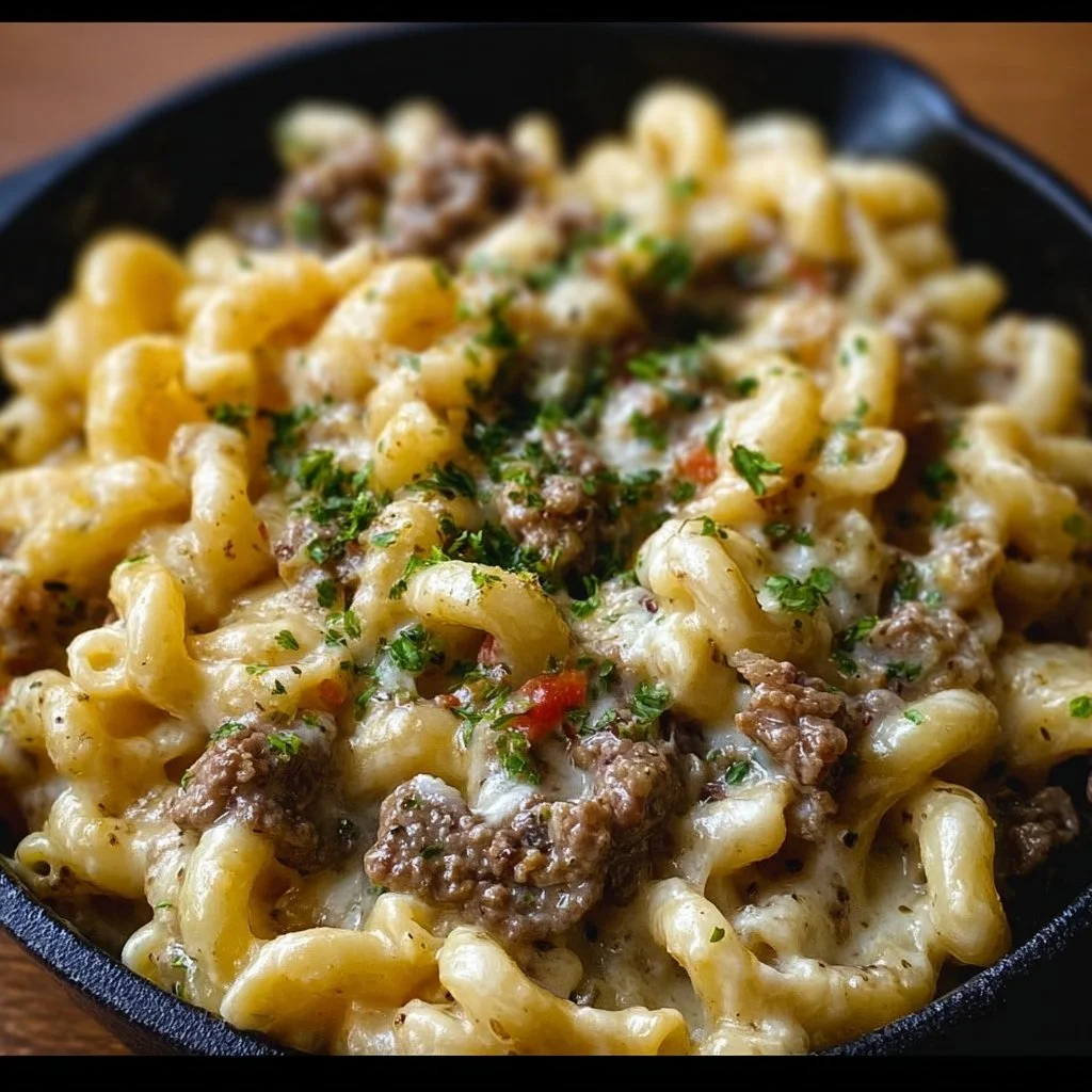 Creamy Philly cheesesteak mac and cheese topped with savory beef and cheese sauce