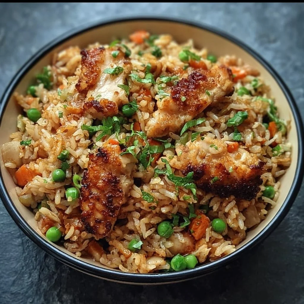 High Protein Crispy Garlic Chicken Fried Rice 1 Plate of high protein crispy garlic chicken fried rice with vegetables and herbs