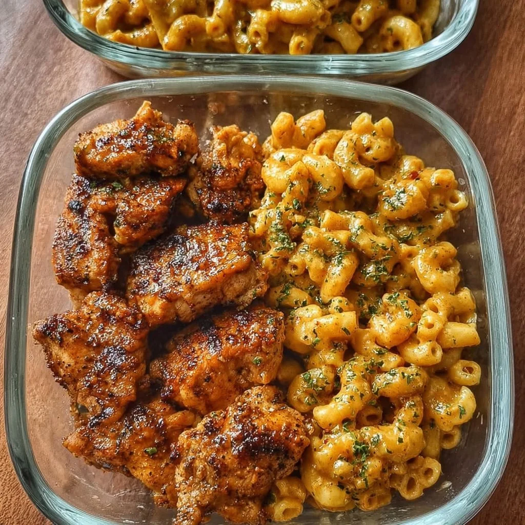 High-Protein Honey Garlic Butter Chicken with Mac & Cheese plated beautifully.
