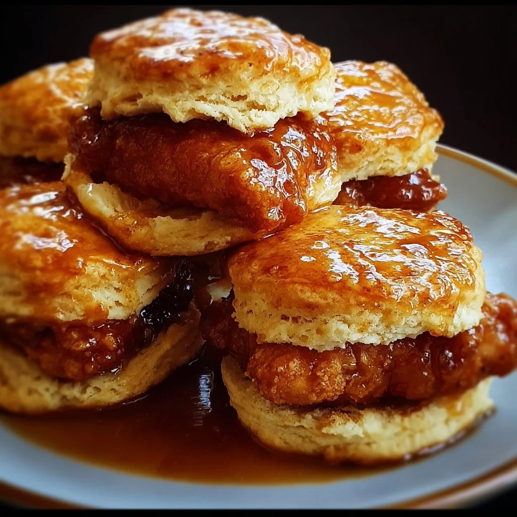 Hot Honey Chicken Biscuits served on a plate with a side of dipping sauce