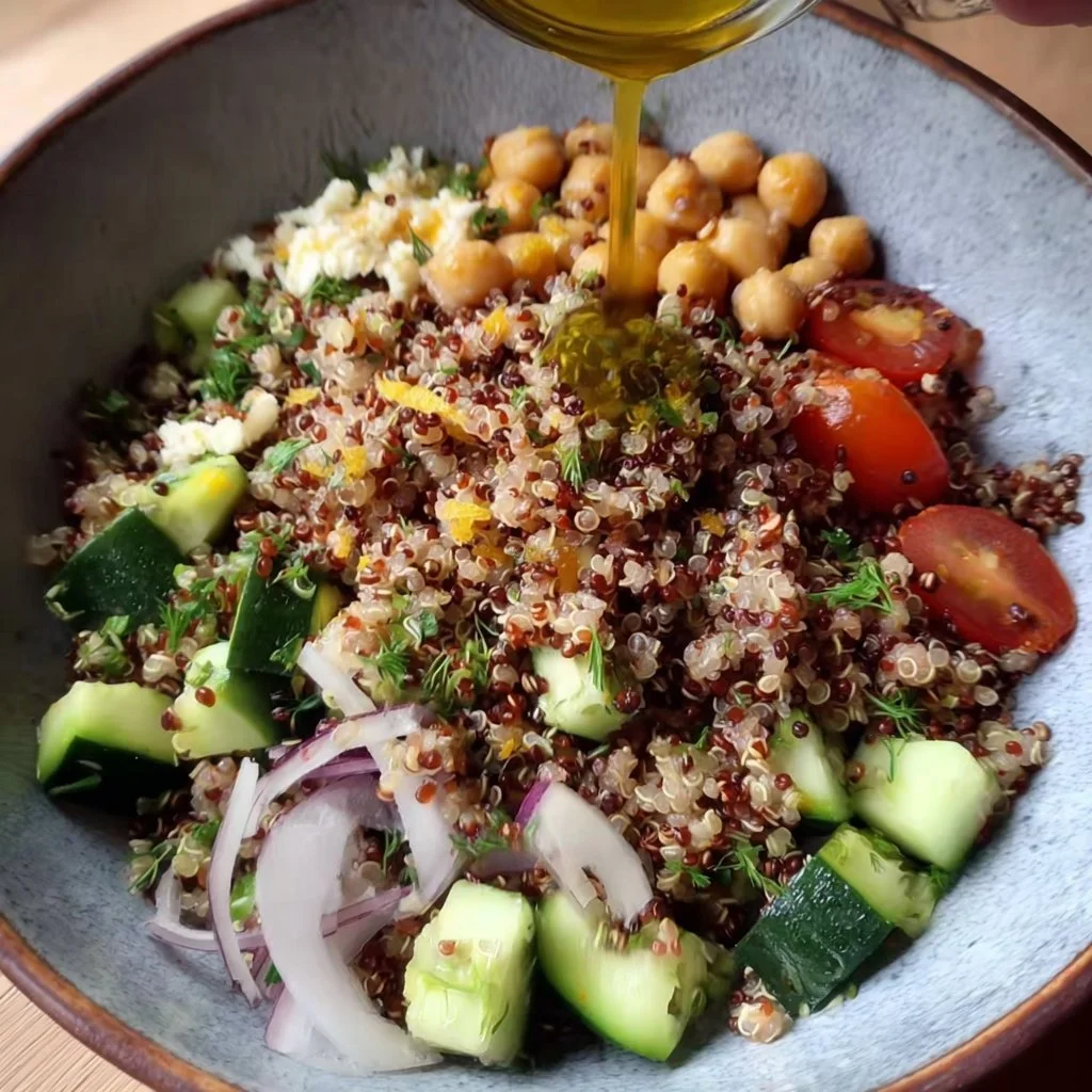 High-protein quinoa salad with colorful vegetables and dressing