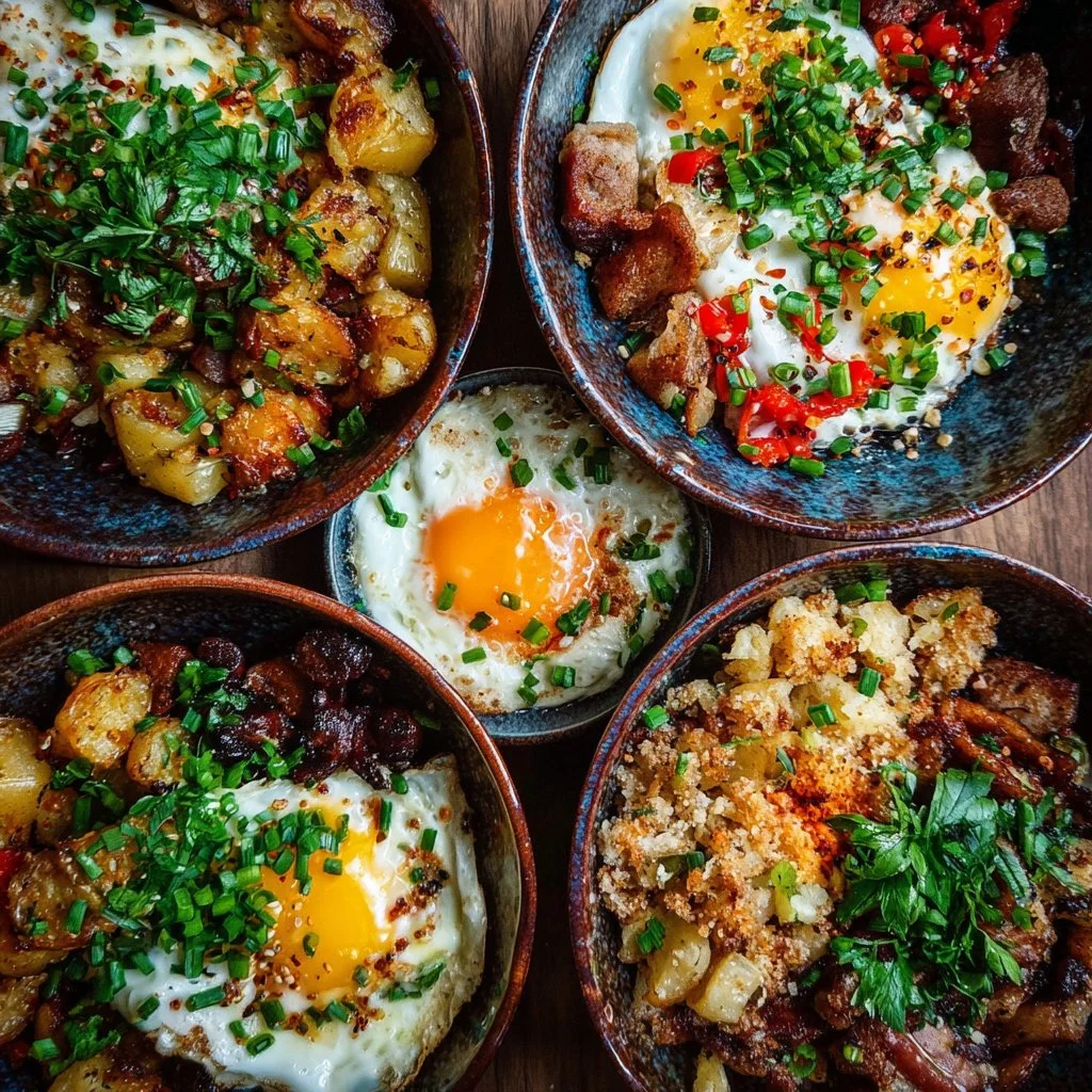 Healthy meal prep breakfast bowls with fresh ingredients and toppings