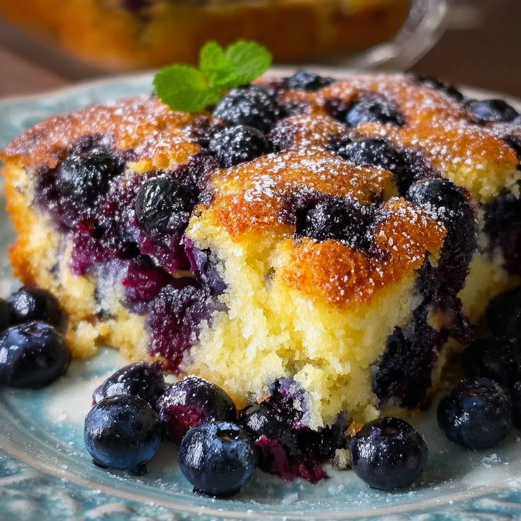 Melt-in-your-mouth blueberry breakfast cake topped with fresh blueberries