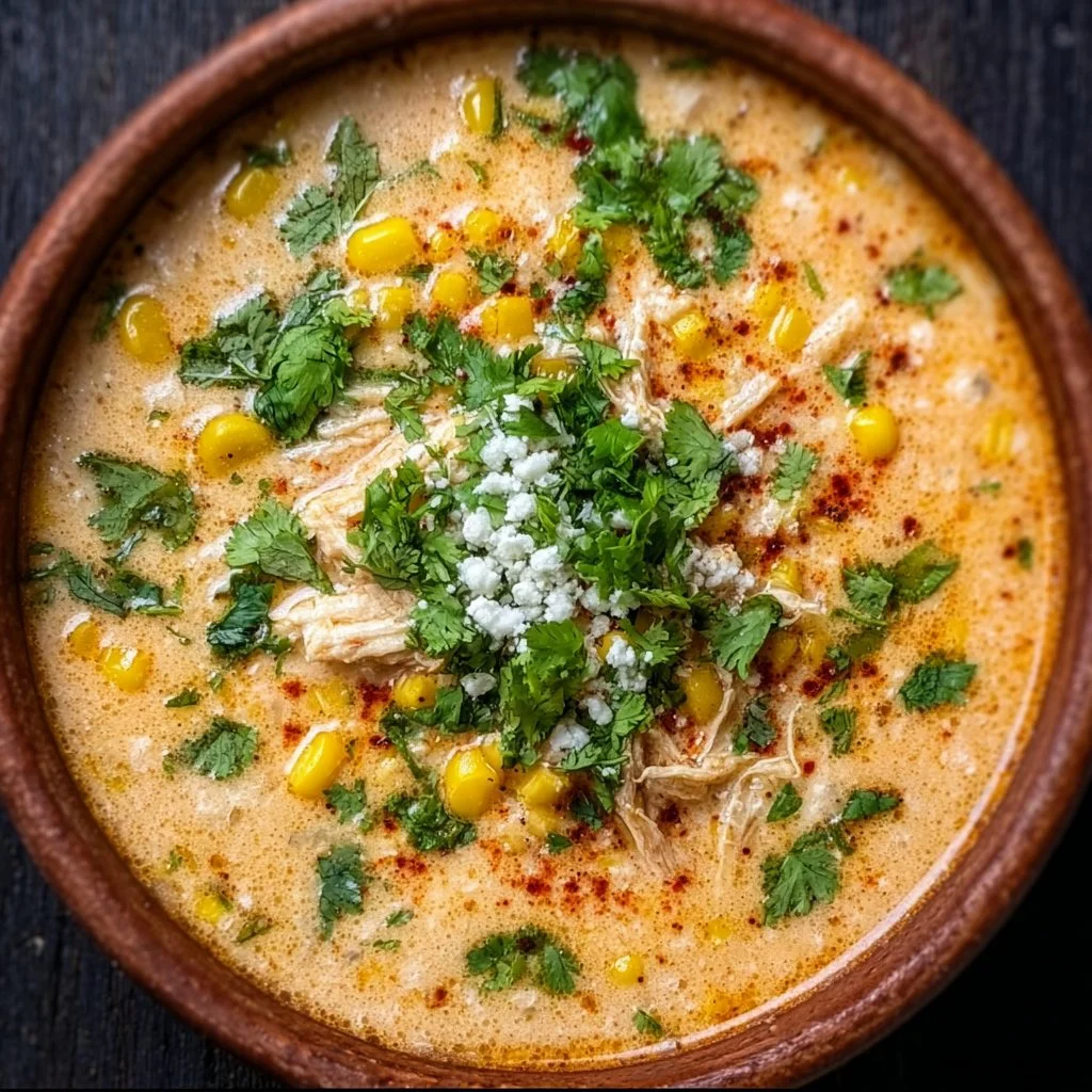 Delicious bowl of Mexican street corn soup garnished with cilantro and cheese