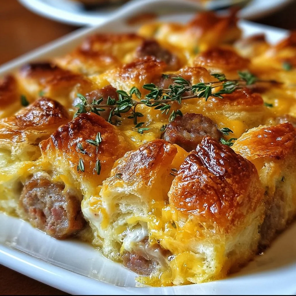 Delicious overnight croissant casserole ready for breakfast serve