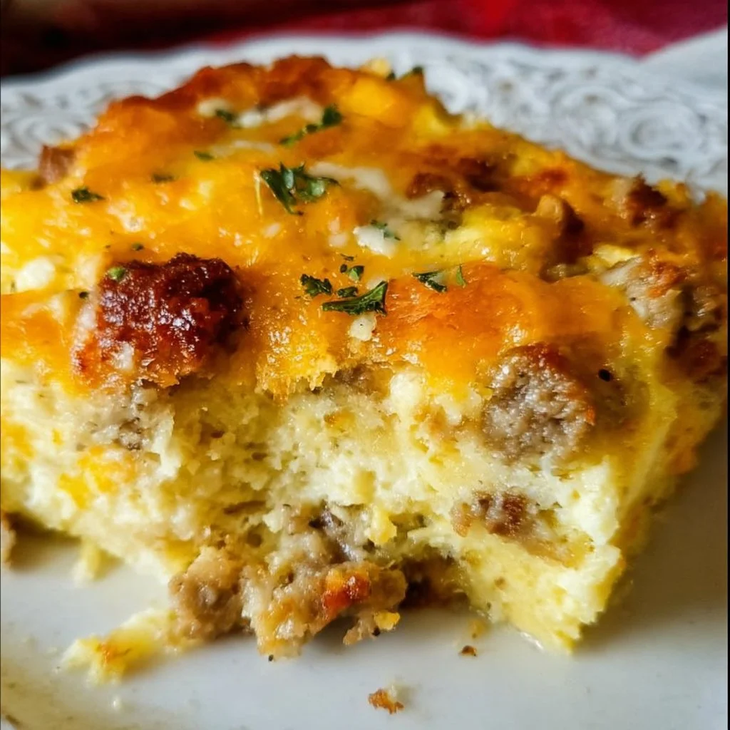 Overnight easy sausage breakfast casserole topped with cheese and herbs.