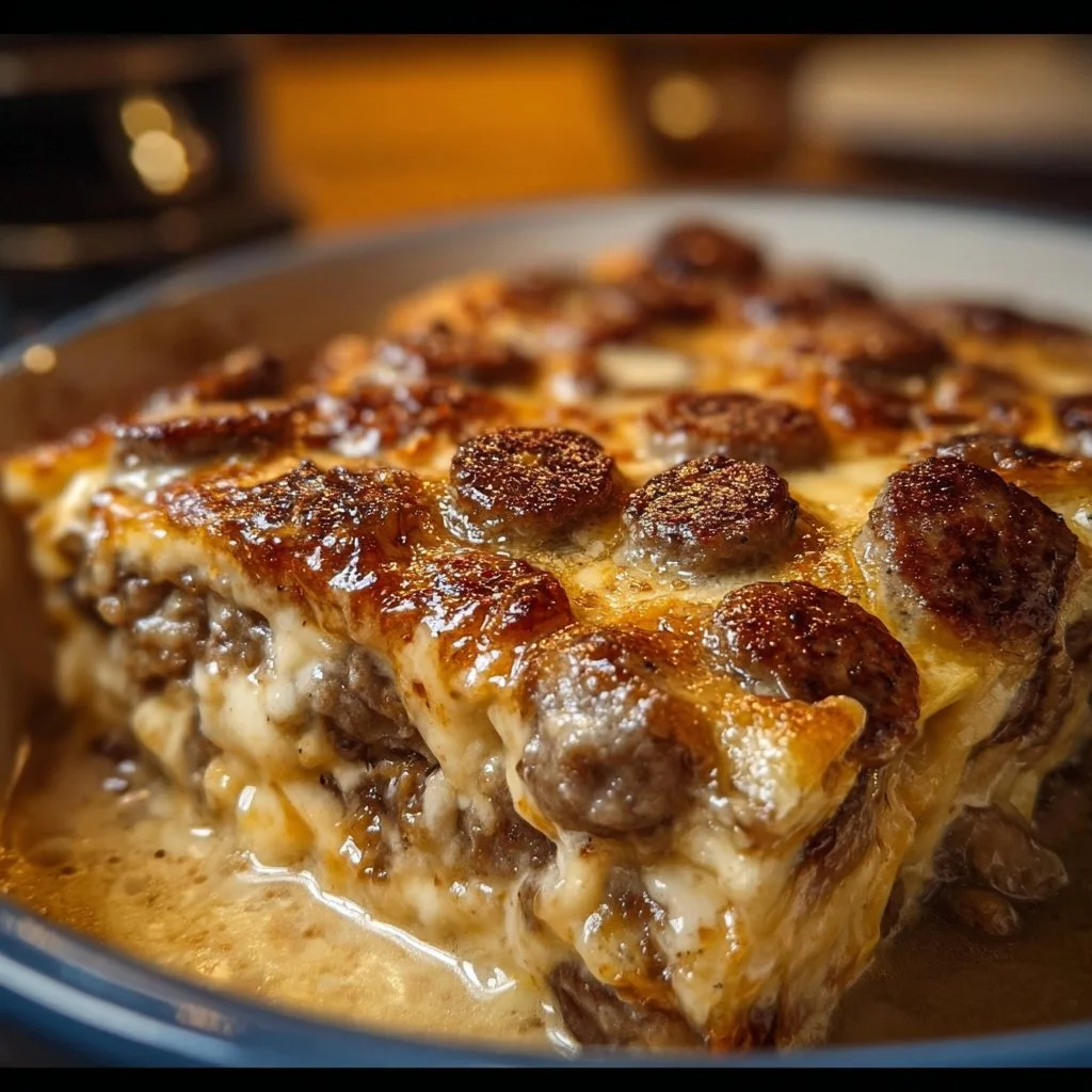 Delicious pancake sausage casserole served on a plate with syrup and berries
