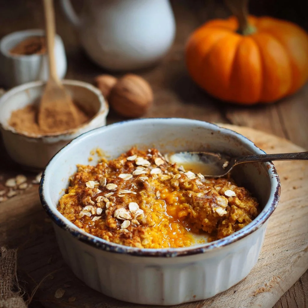 Delicious Pumpkin Baked Oatmeal served in a bowl, topped with nuts and spices