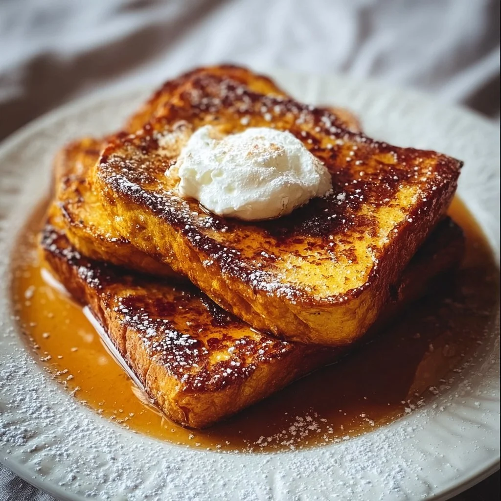 Delicious Pumpkin French Toast served with maple syrup and whipped cream.