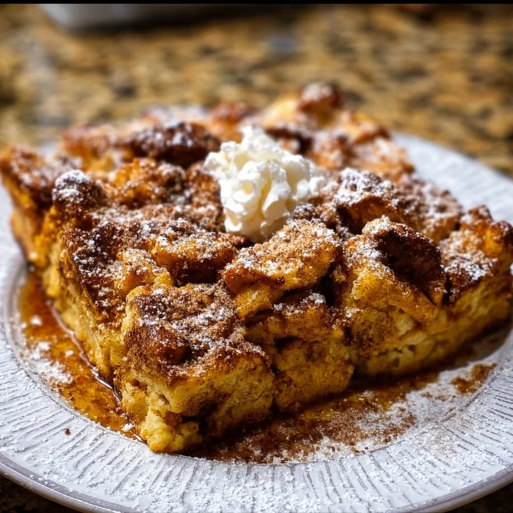 Pumpkin Spice French Toast Casserole topped with syrup and cinnamon