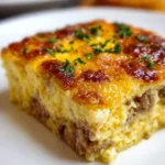 Delicious quick overnight sausage and egg casserole ready to serve.