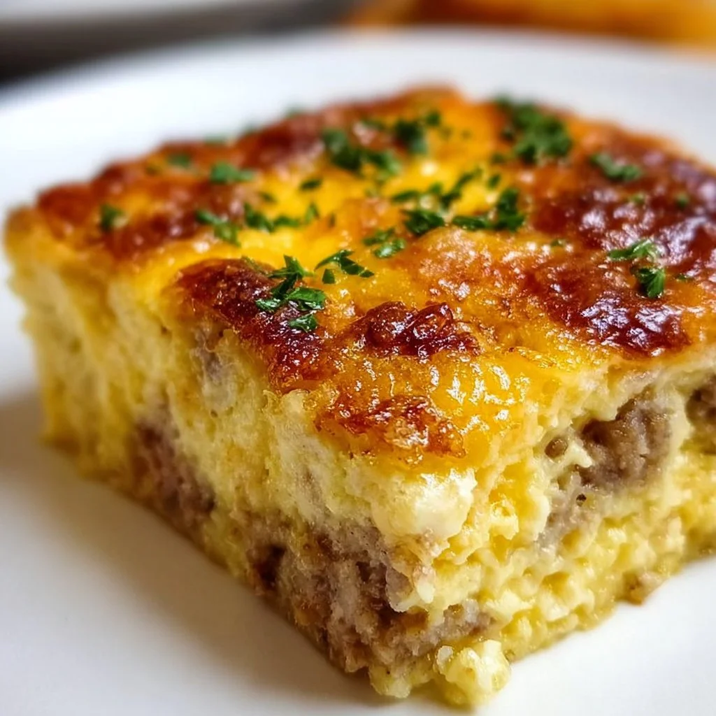 Delicious quick overnight sausage and egg casserole ready to serve.