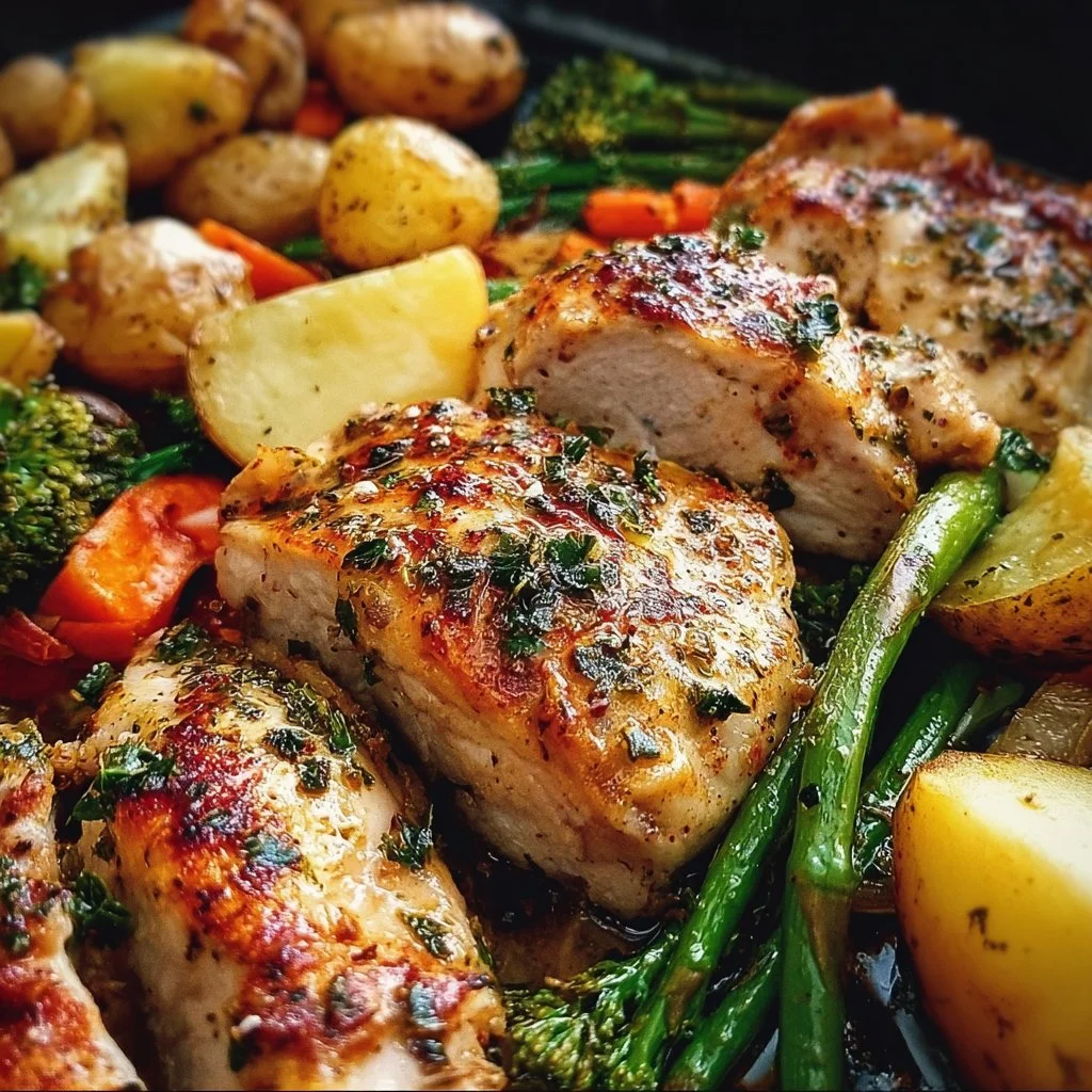 Sheet pan garlic butter chicken with colorful vegetables ready to serve.