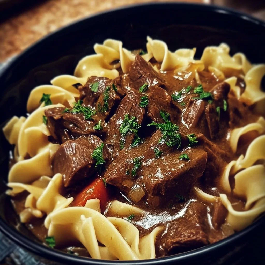 Slow cooker beef and noodles dish garnished with herbs on a wooden table