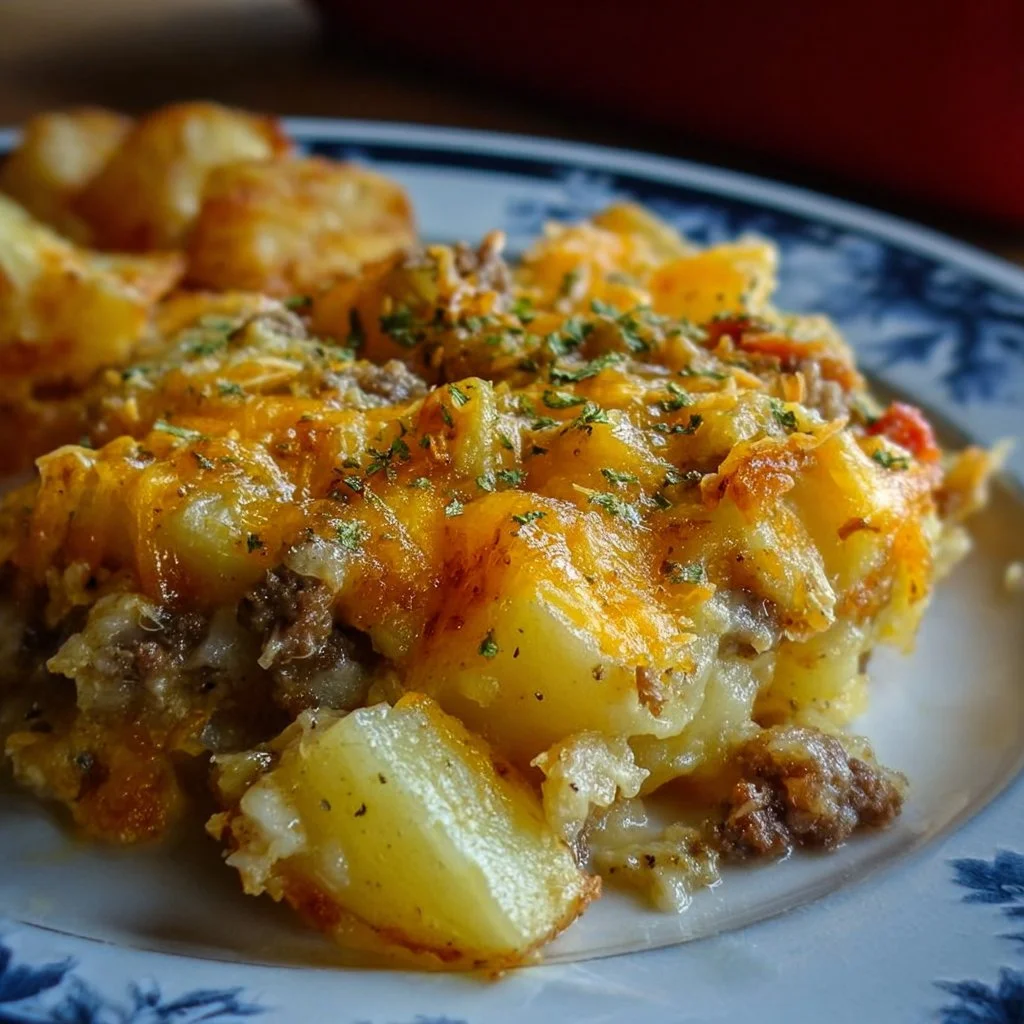 Slow Cooker Cowboy Potato Casserole 1 Slow cooker cowboy potato casserole topped with melted cheese and herbs