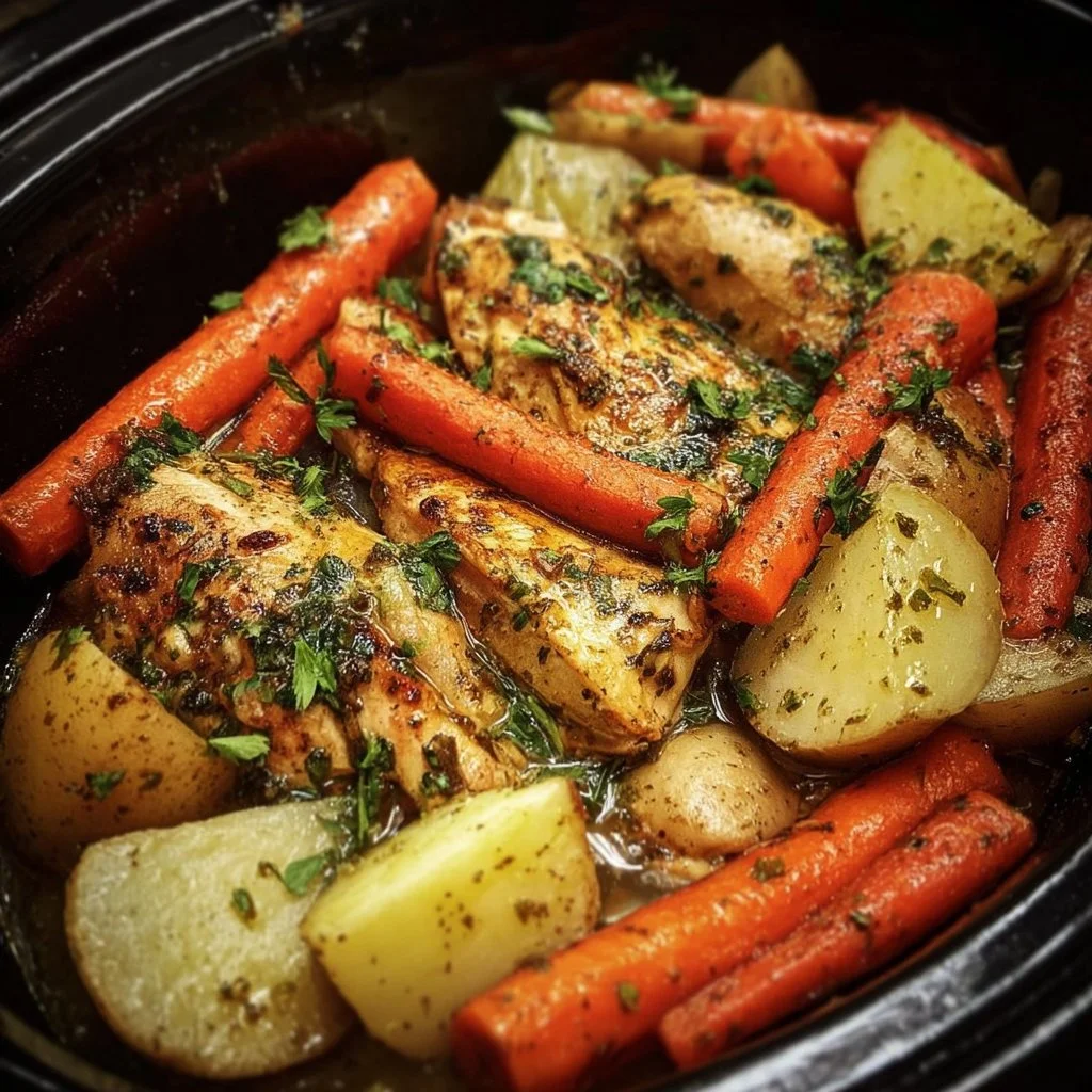 Slow Cooker Garlic Butter Chicken and Veggies 1 Slow Cooker Garlic Butter Chicken with Veggies in a serving dish