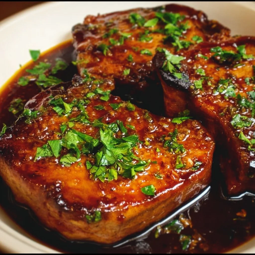 Slow Cooker Honey Garlic Pork Chops ready to be served with a side of vegetables