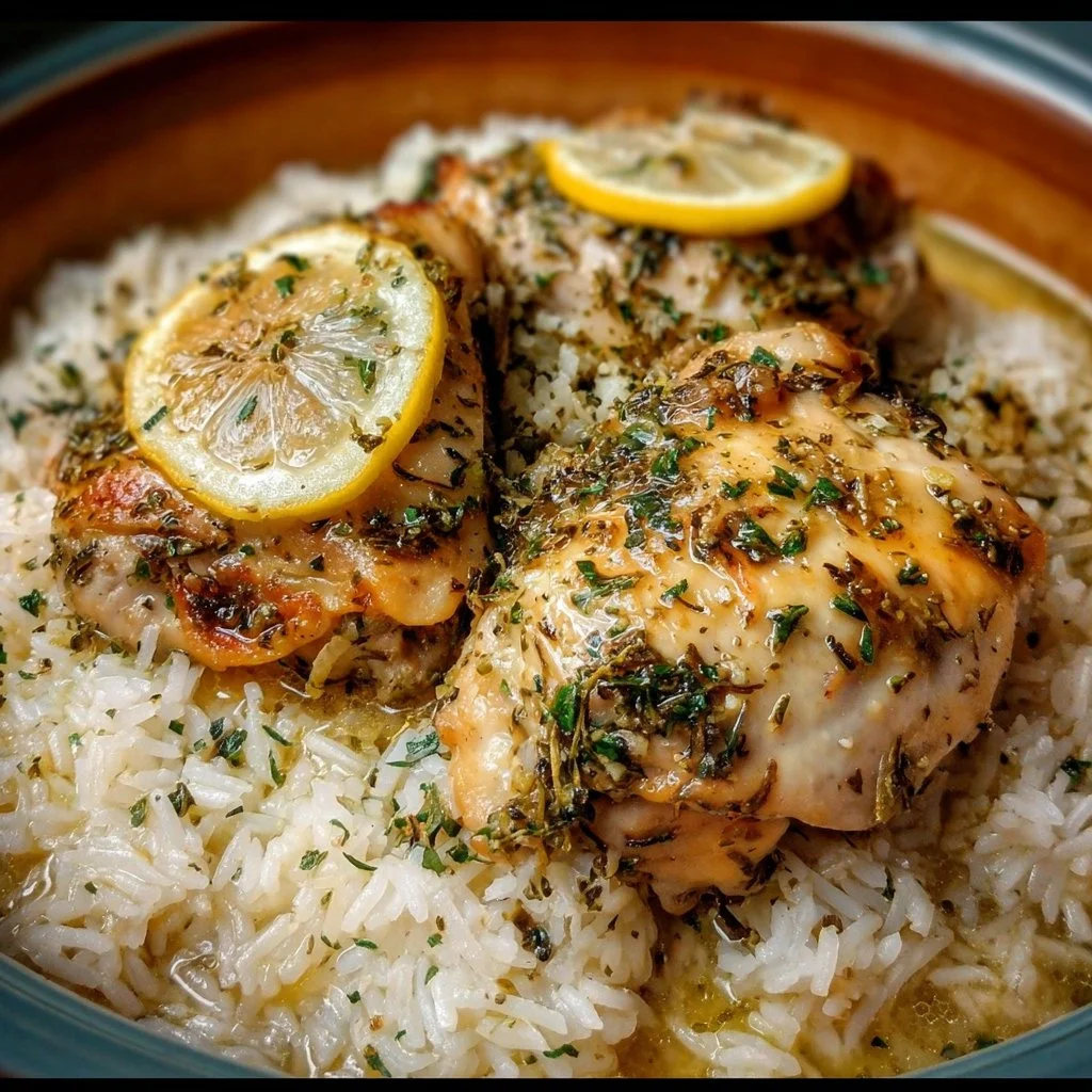 Slow cooker lemon herb chicken with fluffy rice ready to serve.