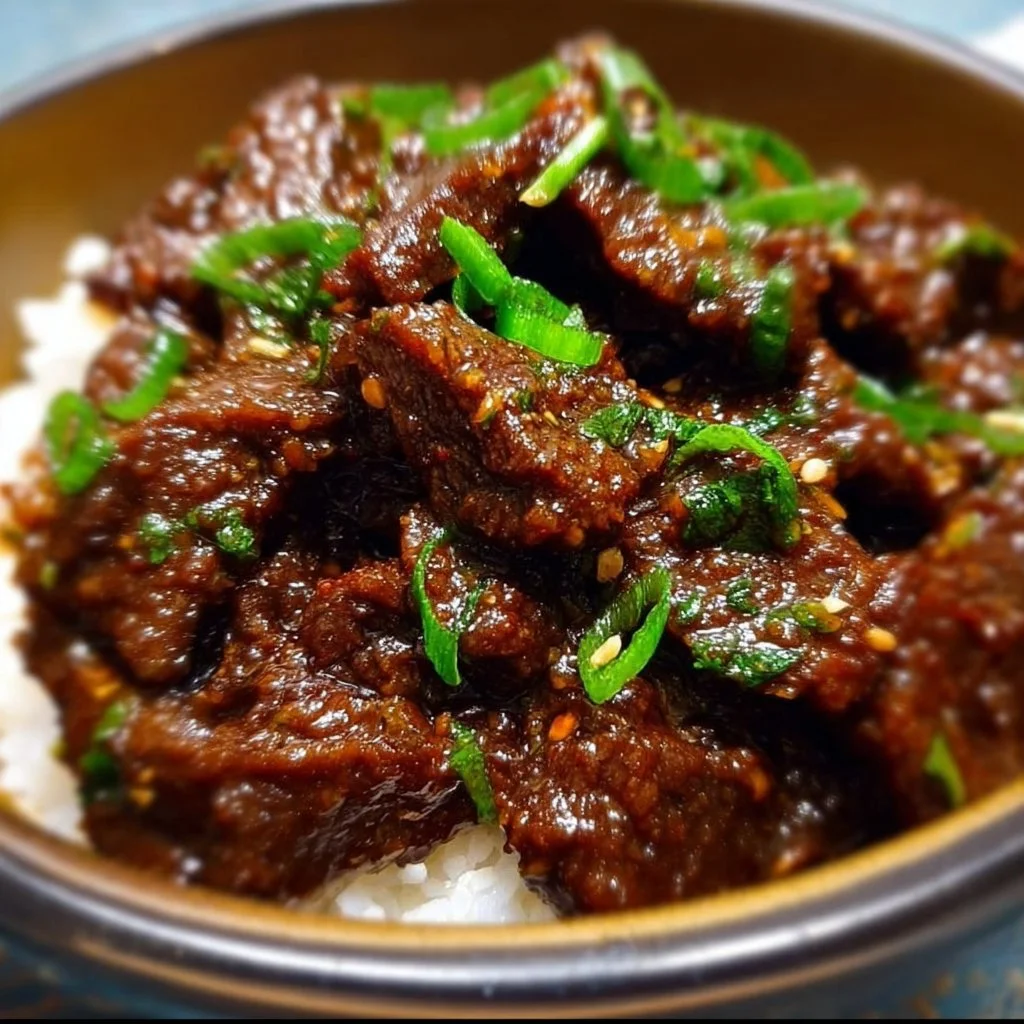 Slow Cooker Mongolian Beef dish with tender beef and savory sauce