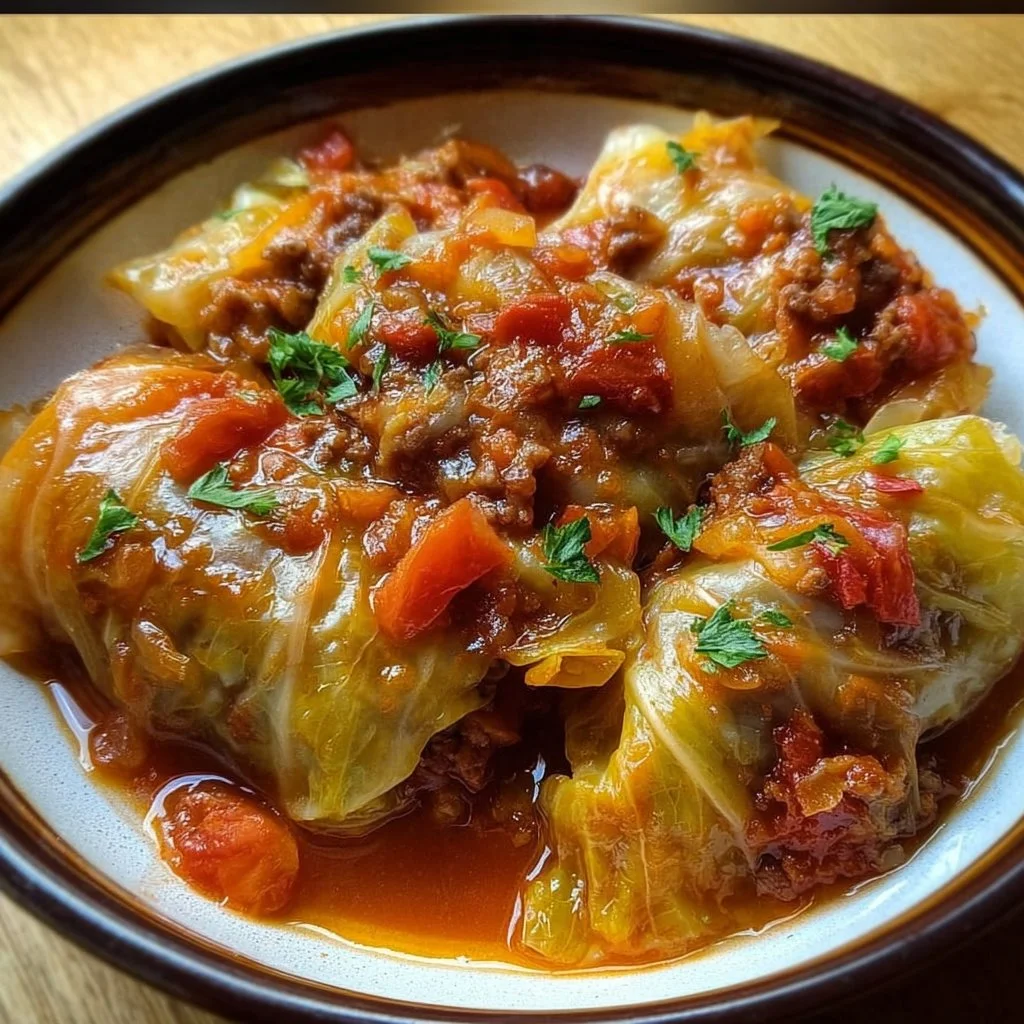 Slow cooker unstuffed cabbage rolls served in a bowl