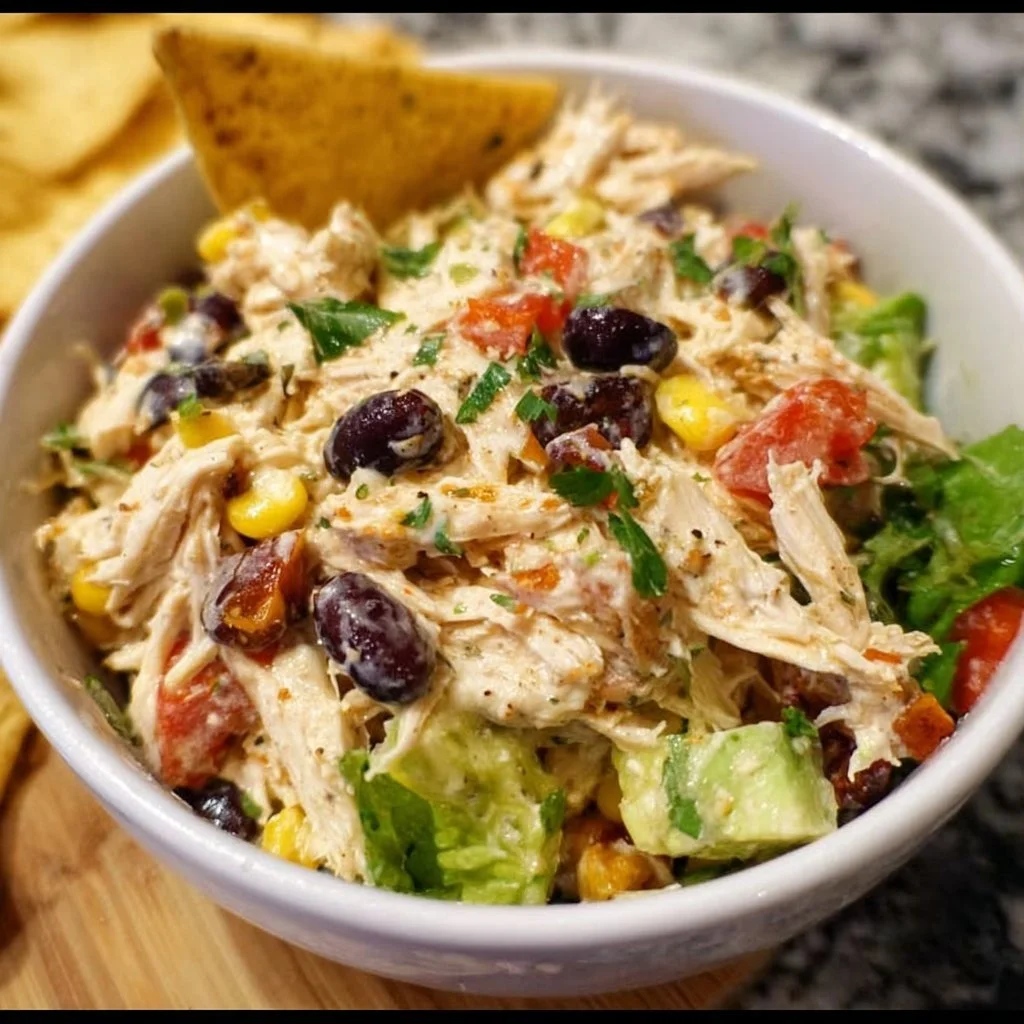 Bowl of flavorful Southwest Chicken Salad with fresh vegetables and grilled chicken