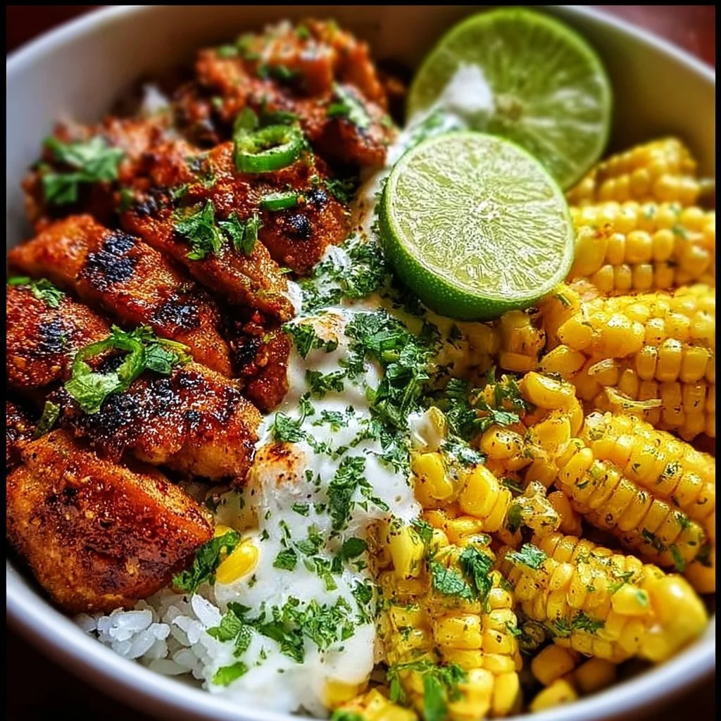 Delicious Street Corn Chicken Rice Bowl with grilled chicken and corn