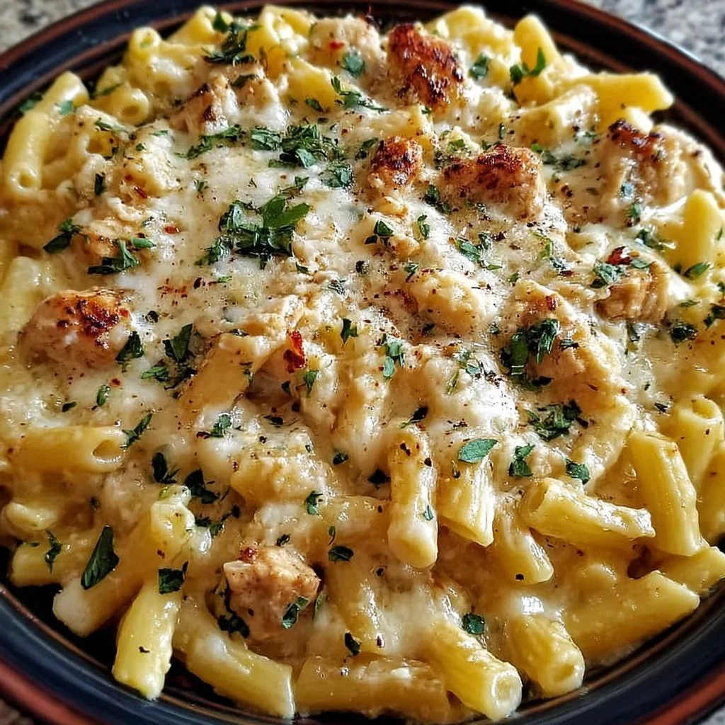 The Best Crockpot Garlic Parmesan Chicken Pasta Recipe 1 Crockpot garlic parmesan chicken pasta dish served in a bowl