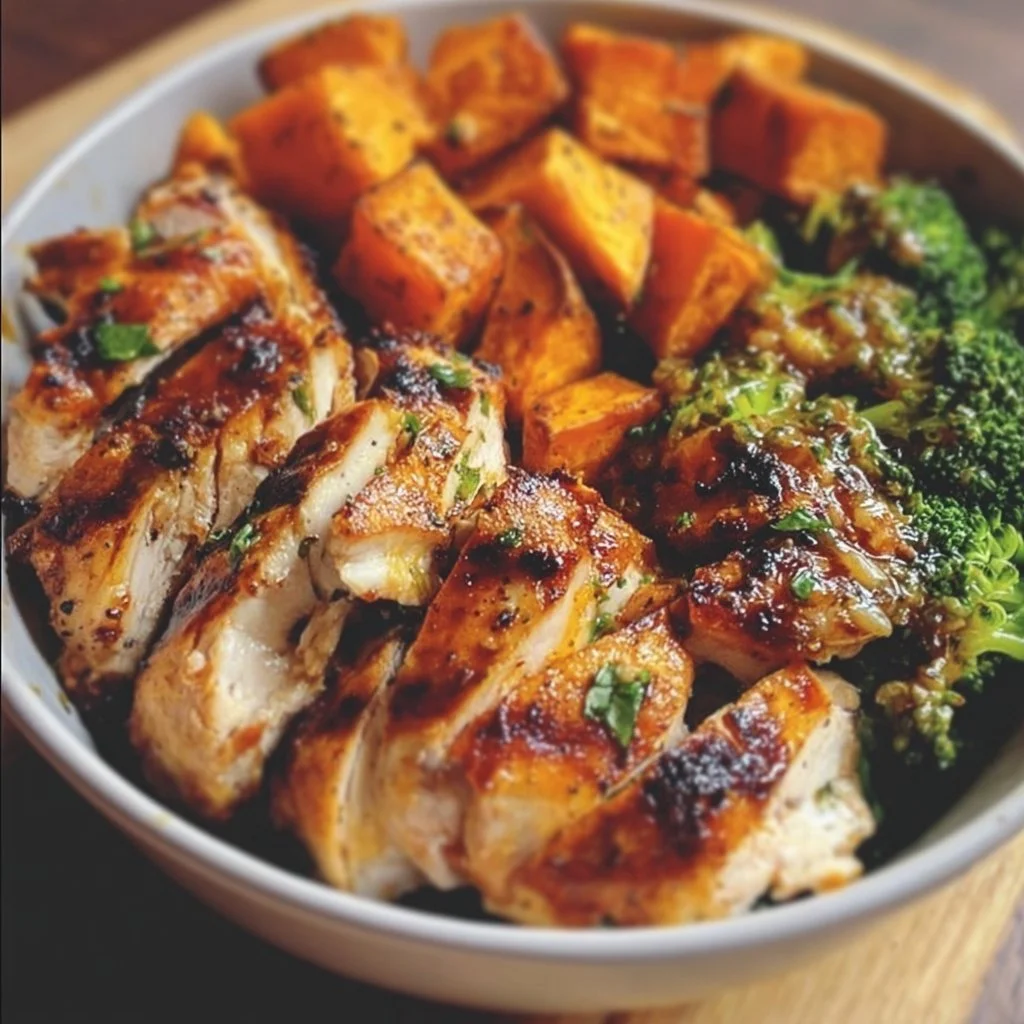Delicious grilled chicken and sweet potato bowl with vibrant vegetables