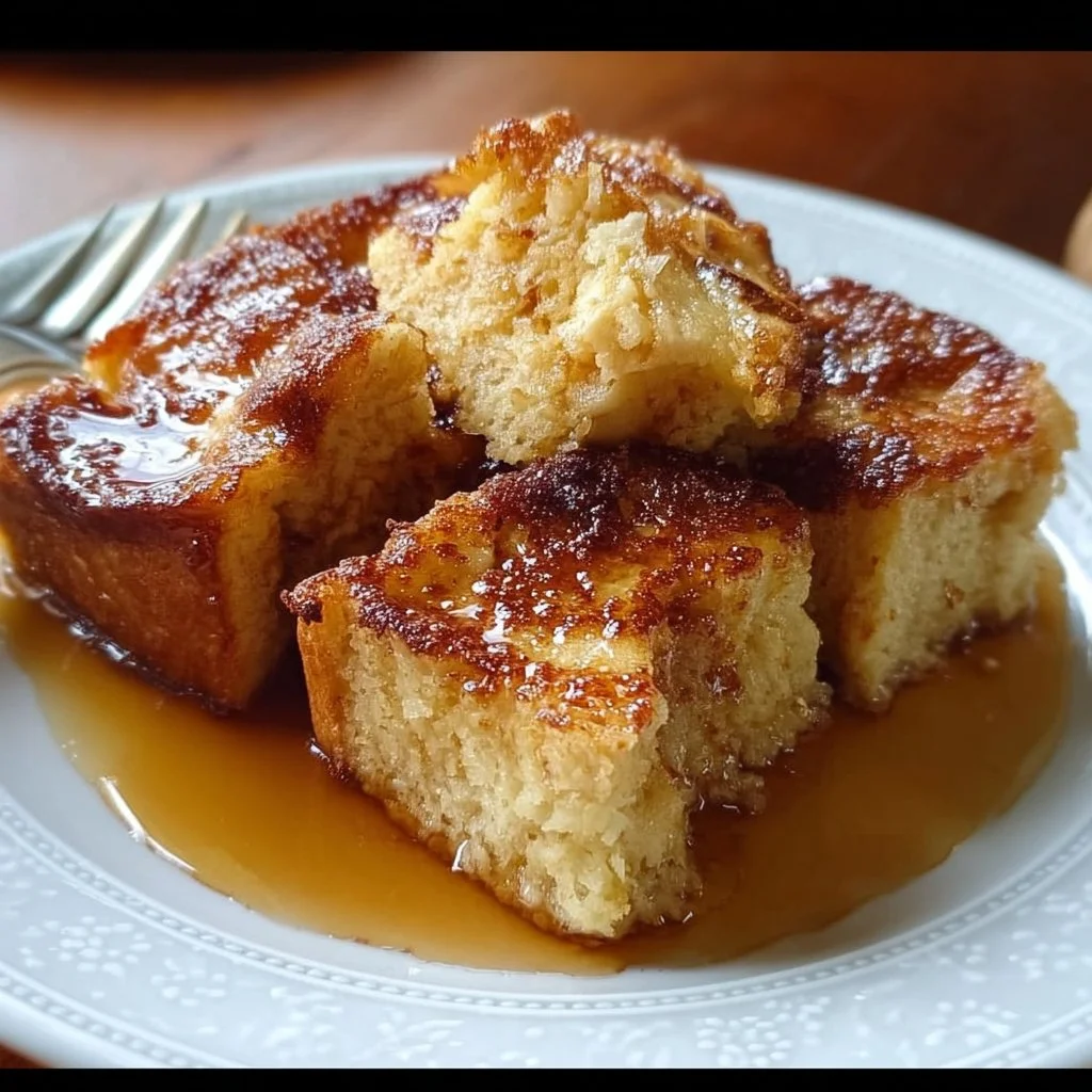A delicious traditional French toast casserole baked to golden perfection with syrup.