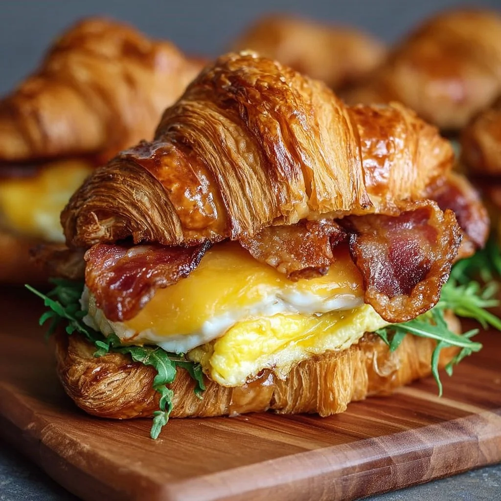 Delicious maple mustard croissant breakfast sandwich filled with fresh ingredients