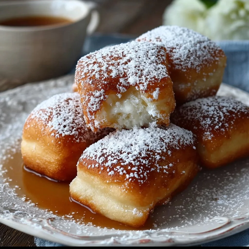 Delicious vanilla French beignets dusted with powdered sugar