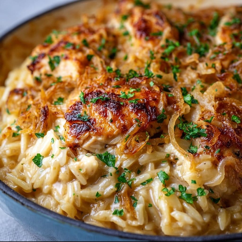 French Onion Chicken Orzo Casserole