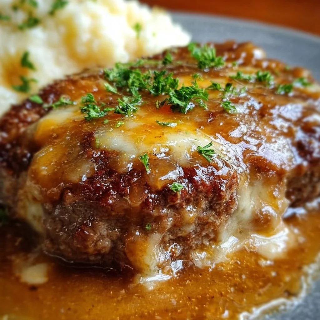 Amish Hamburger Steak Bake ready to serve, showcasing hearty meat and flavorful toppings.