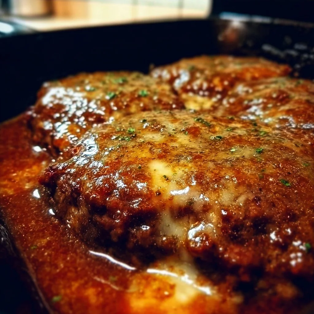 Amish Hamburger Steak Bake 1 A delicious Amish Hamburger Steak Bake served in a rustic dish