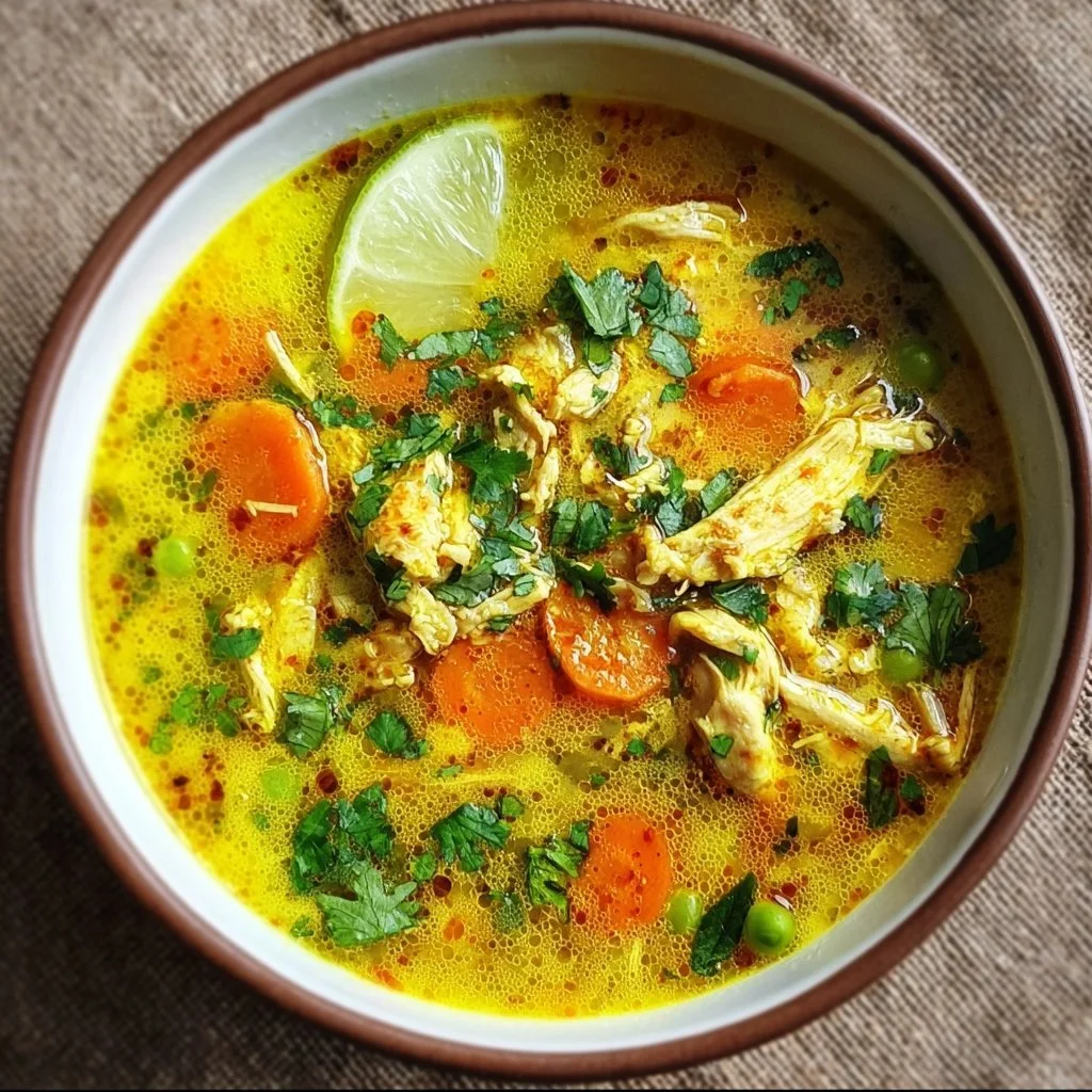 Anti-Inflammatory Turmeric Chicken Soup 1 Bowl of anti-inflammatory turmeric chicken soup with spices and herbs