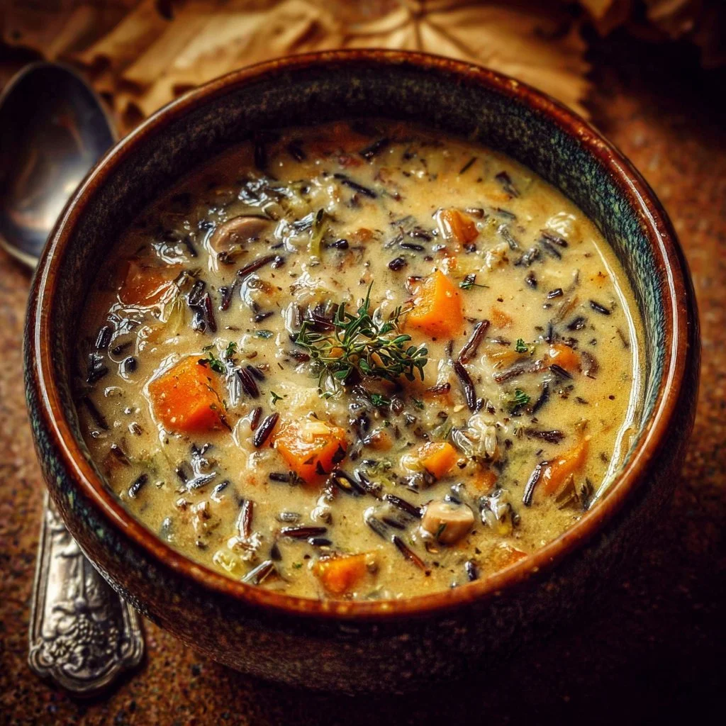 Bowl of autumn wild rice soup with vegetables and herbs
