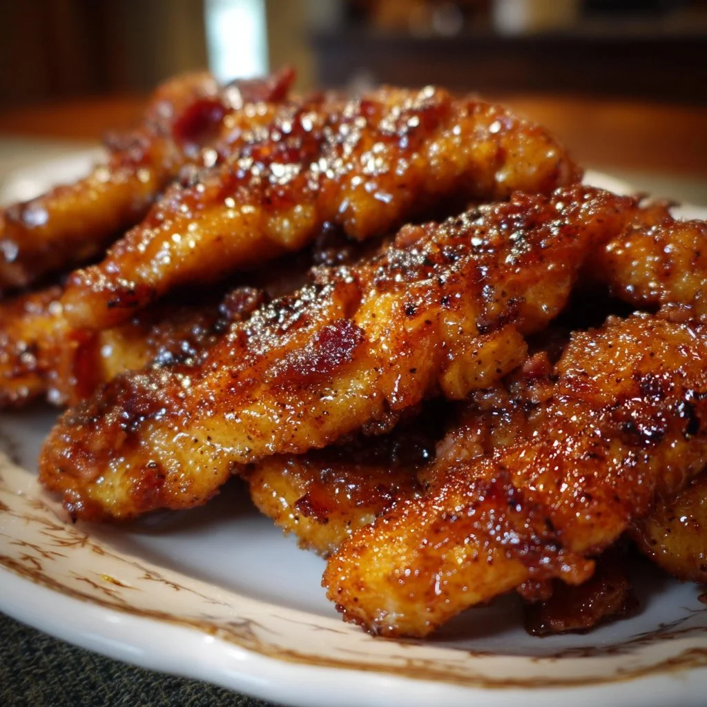 Bacon Brown Sugar Chicken Tenders served on a plate with garnishes