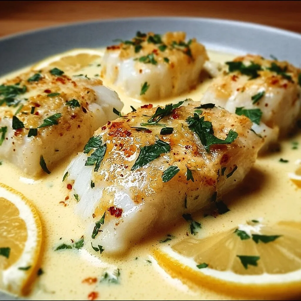 Baked Cod in Coconut Lemon Cream Sauce 1 Baked cod fillet in coconut lemon cream sauce garnished with herbs
