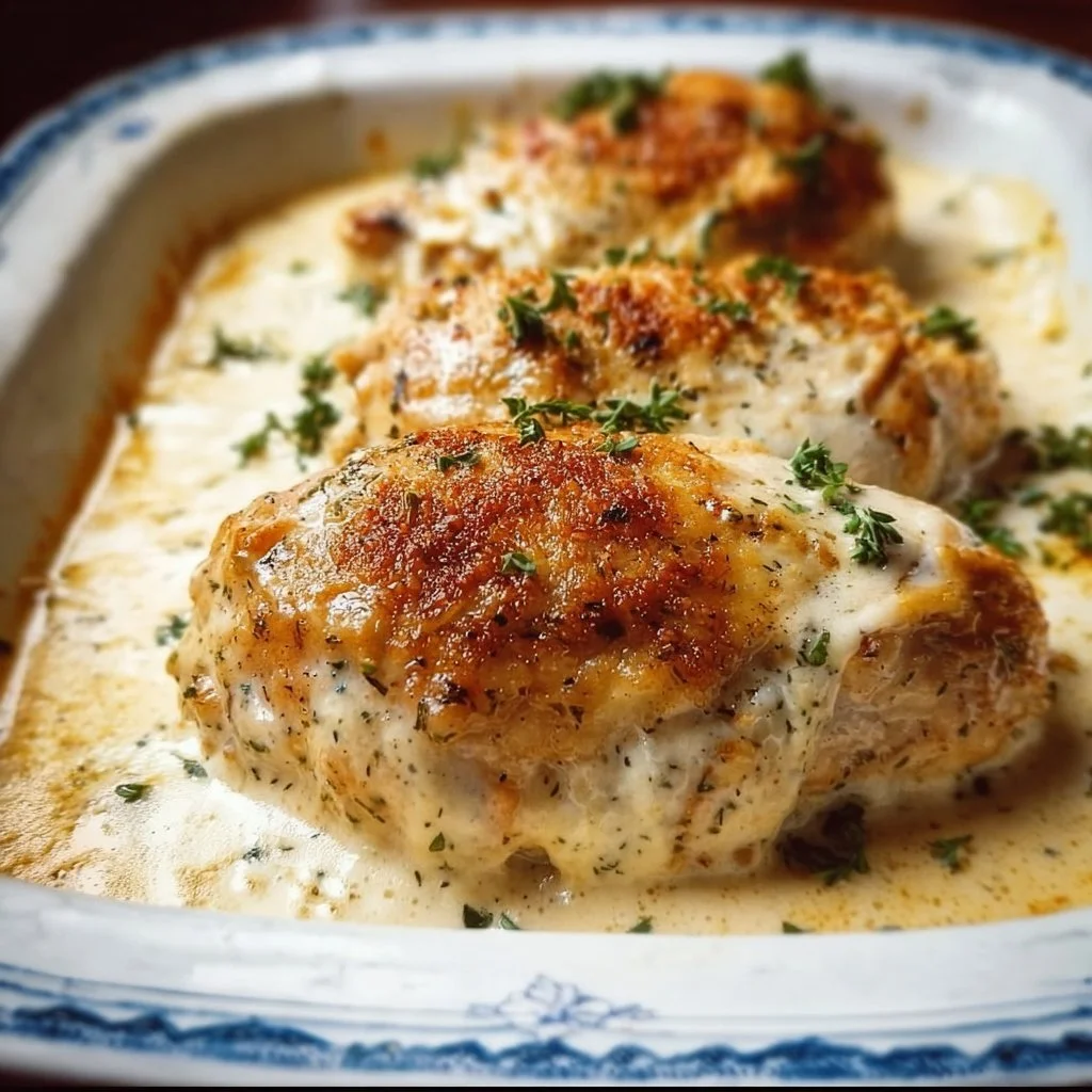 Baked cream cheese chicken dish served with herbs and vegetables