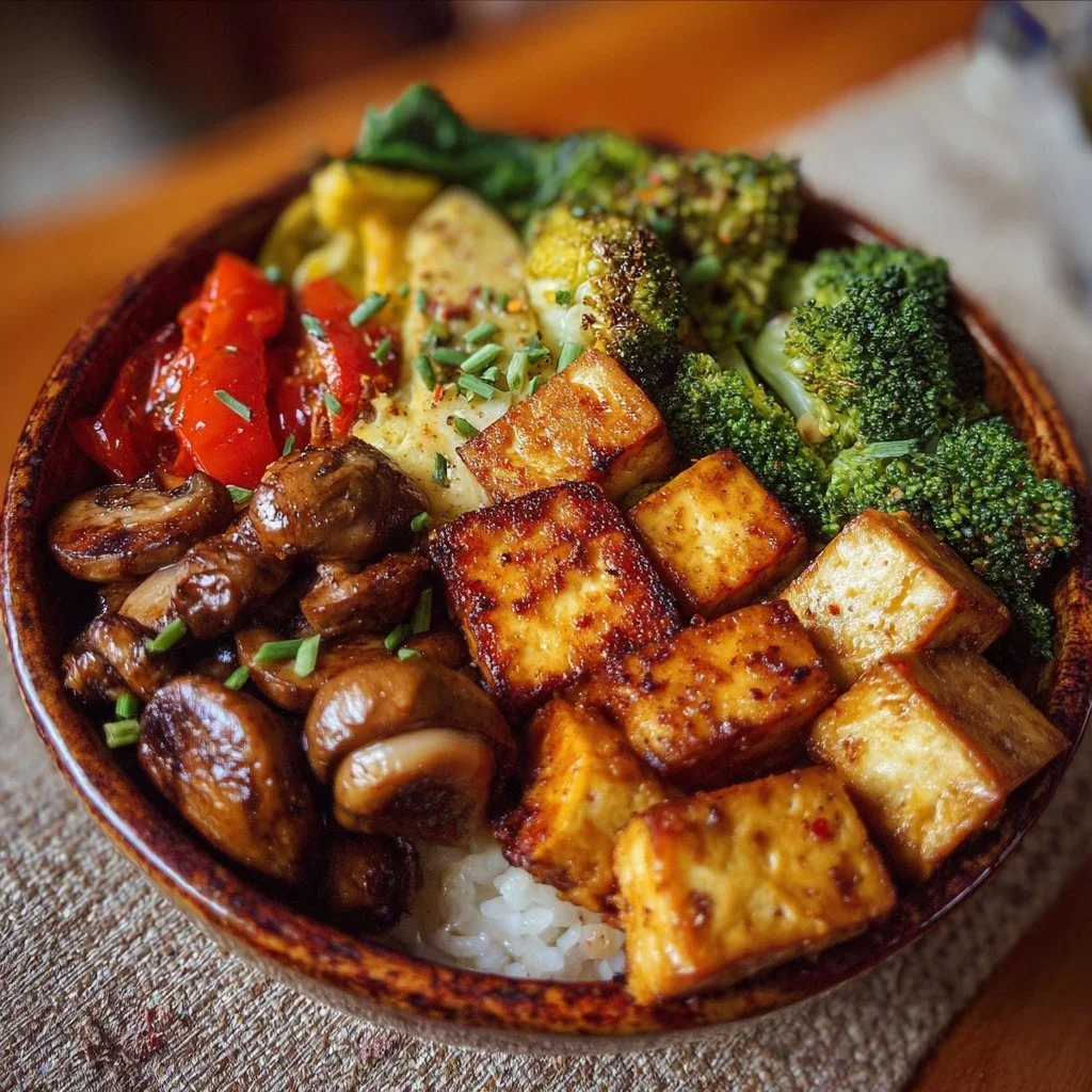 Delicious baked tofu and veggie bowl served in a colorful dish