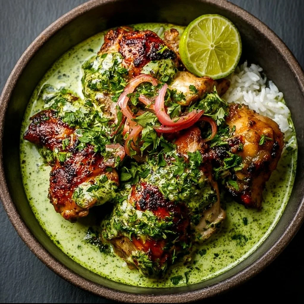 Best Peruvian Chicken with Creamy Green Sauce 1 Delicious Peruvian chicken served with creamy green sauce on a plate