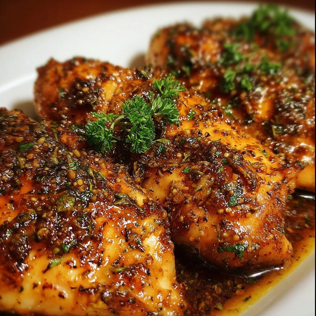 Brown Sugar Garlic Chicken 1 Homemade Brown Sugar Garlic Chicken served on a plate with parsley garnish.