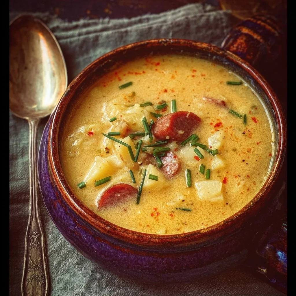 Bowl of rich and creamy Cajun Potato Soup garnished with herbs